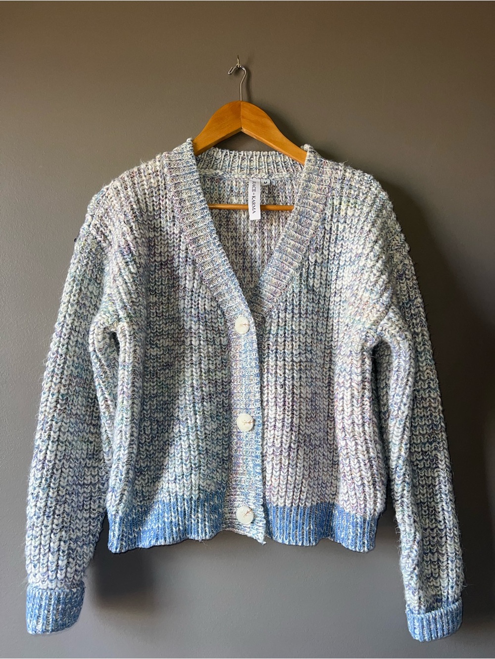 Grace + Karma Chunky V-Neck Button Cardigan Sweater - Light Blue/Multicolor